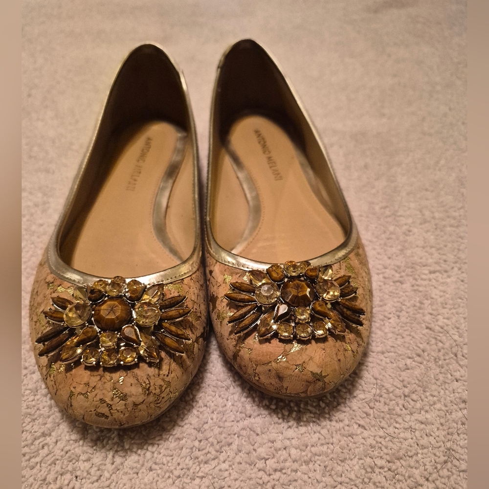 Antonio Melani Khaleen Cork Jeweled Ballet Flats Gold Size 7